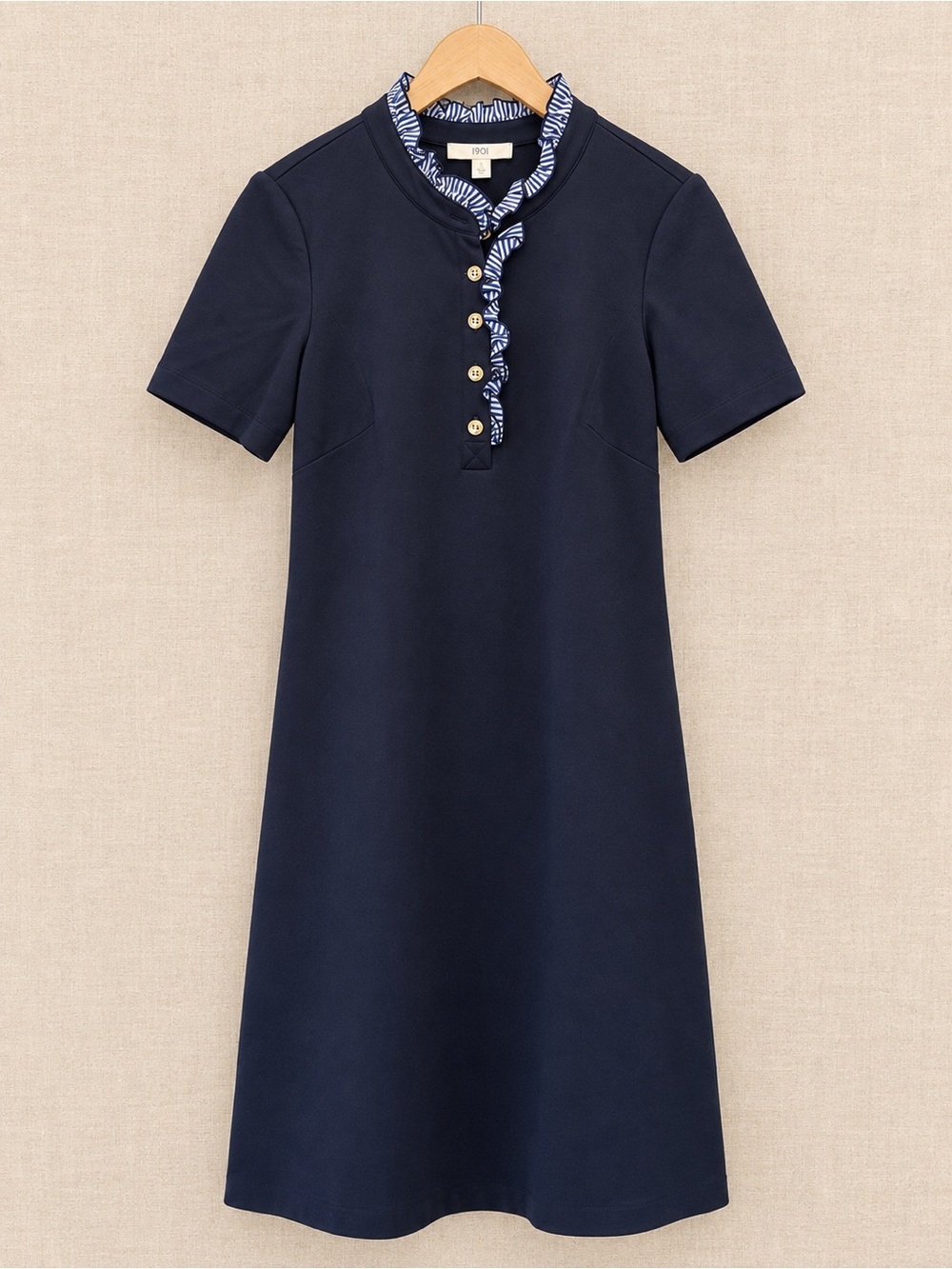 1901 Nordstrom Navy Ruffle Collar Gold Button Knit Shift Dress Size 4